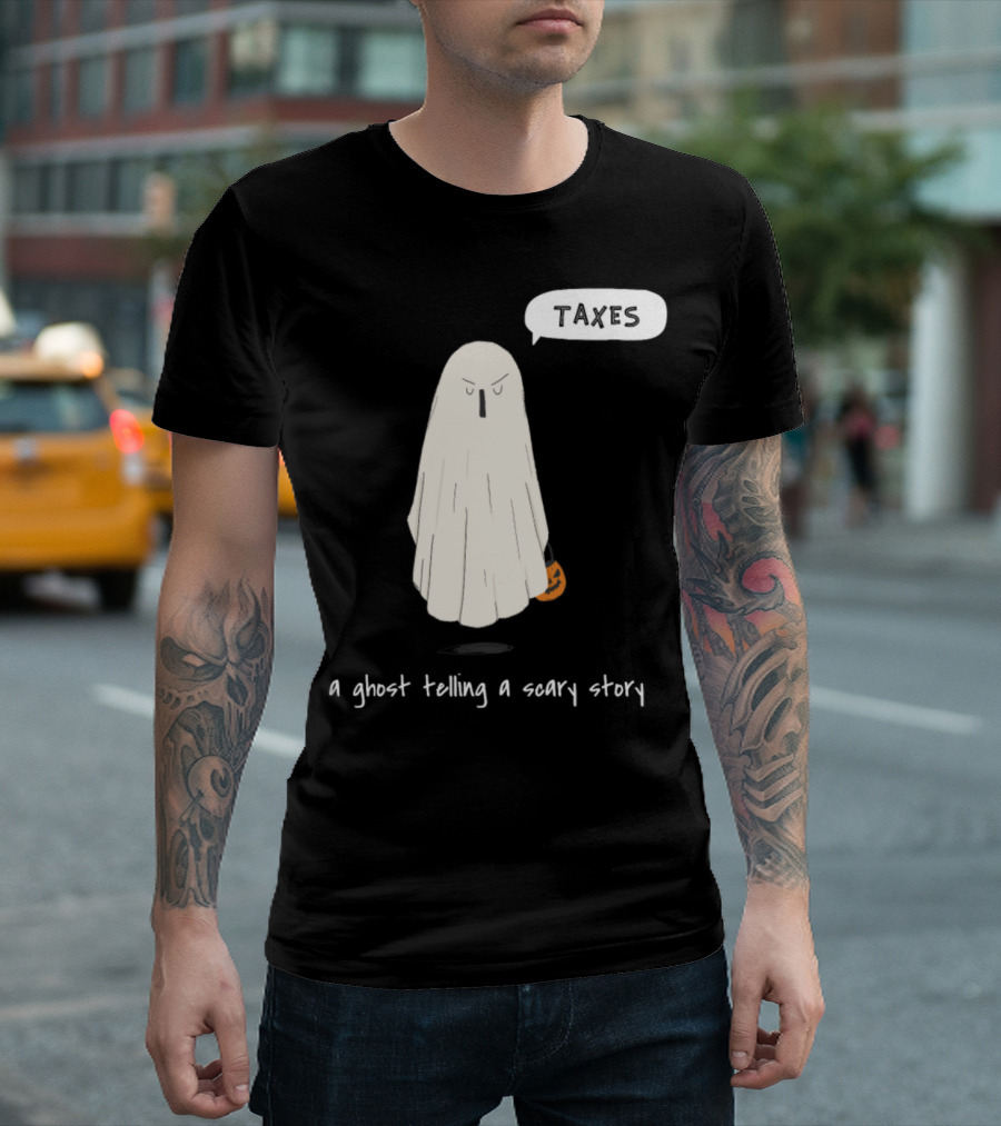 Spooky Halloween Ghost Telling a Scary Story About Taxes T-Shirt