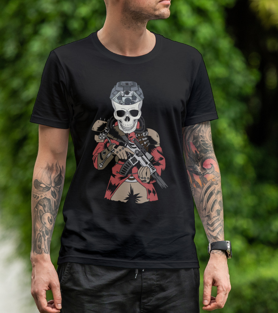 Steampunk Horror Skull Fantasy Soldier With Futuristic Armor And Weaponry T-Shirt