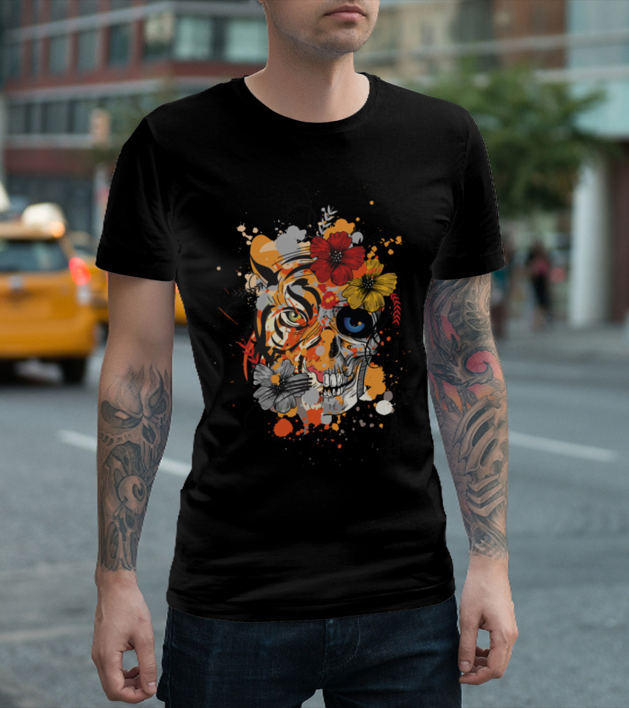 Tiger Skull Flowers Splash T-Shirt