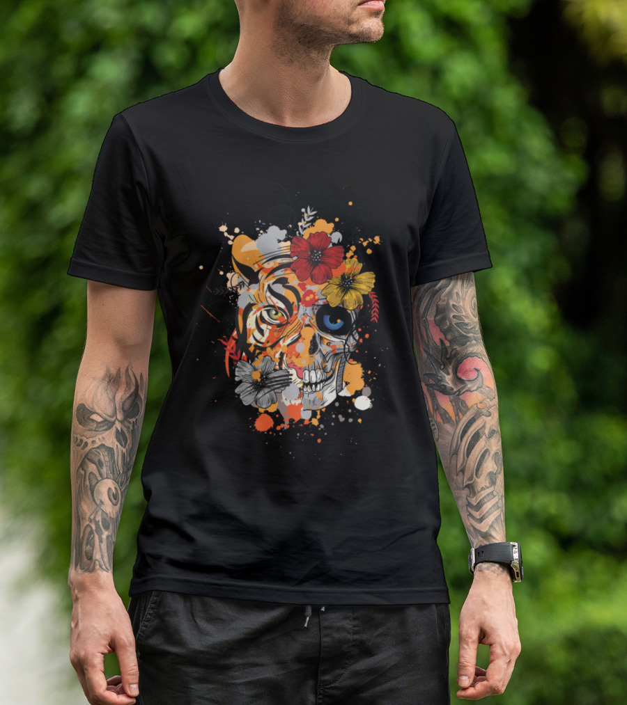 Tiger Skull Flowers Splash T-Shirt