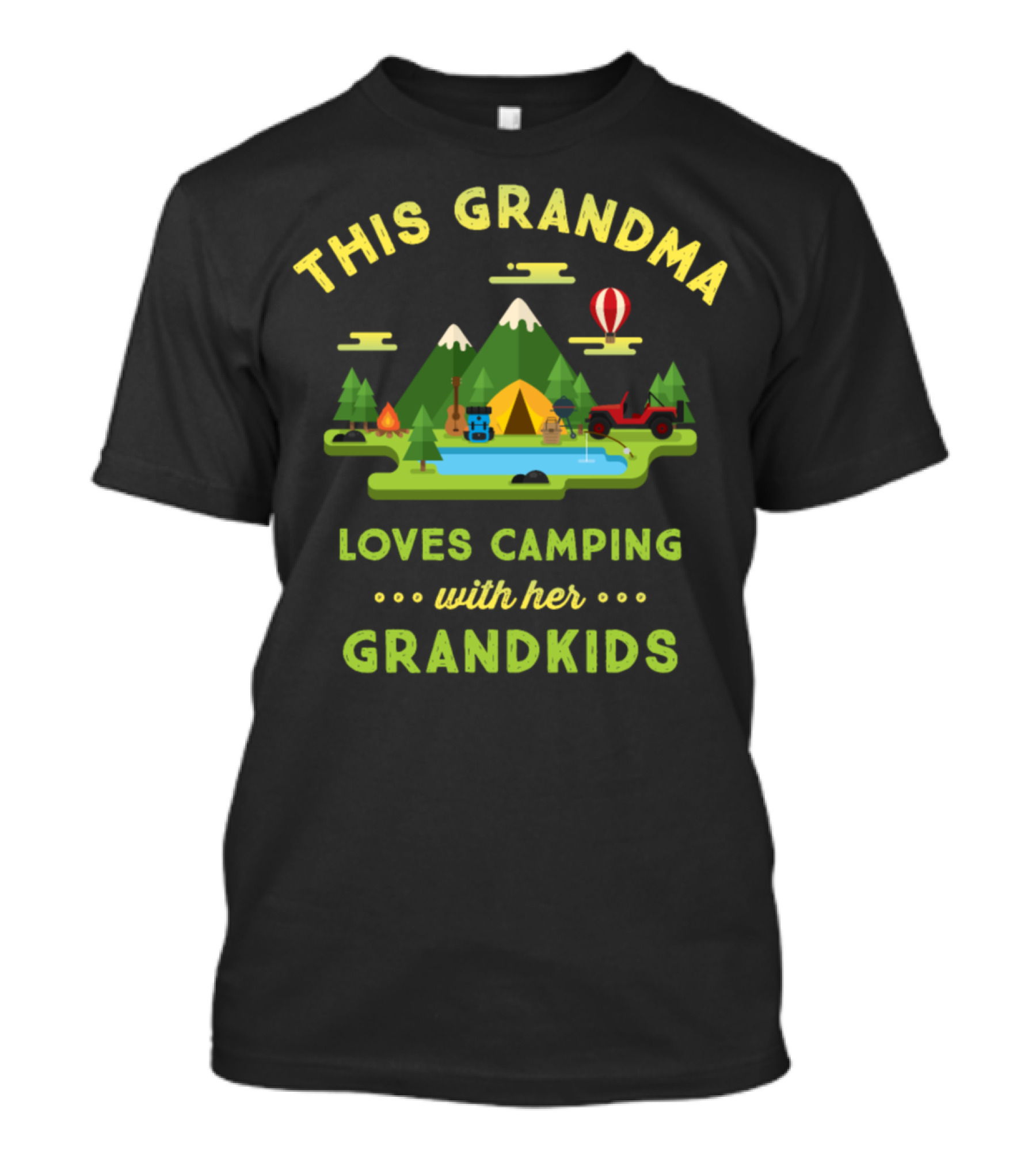 This Grandma Loves Camping With Her Grandkids Mountains Tent Jeep Hot Air Balloon Fire Guitar T-Shirt