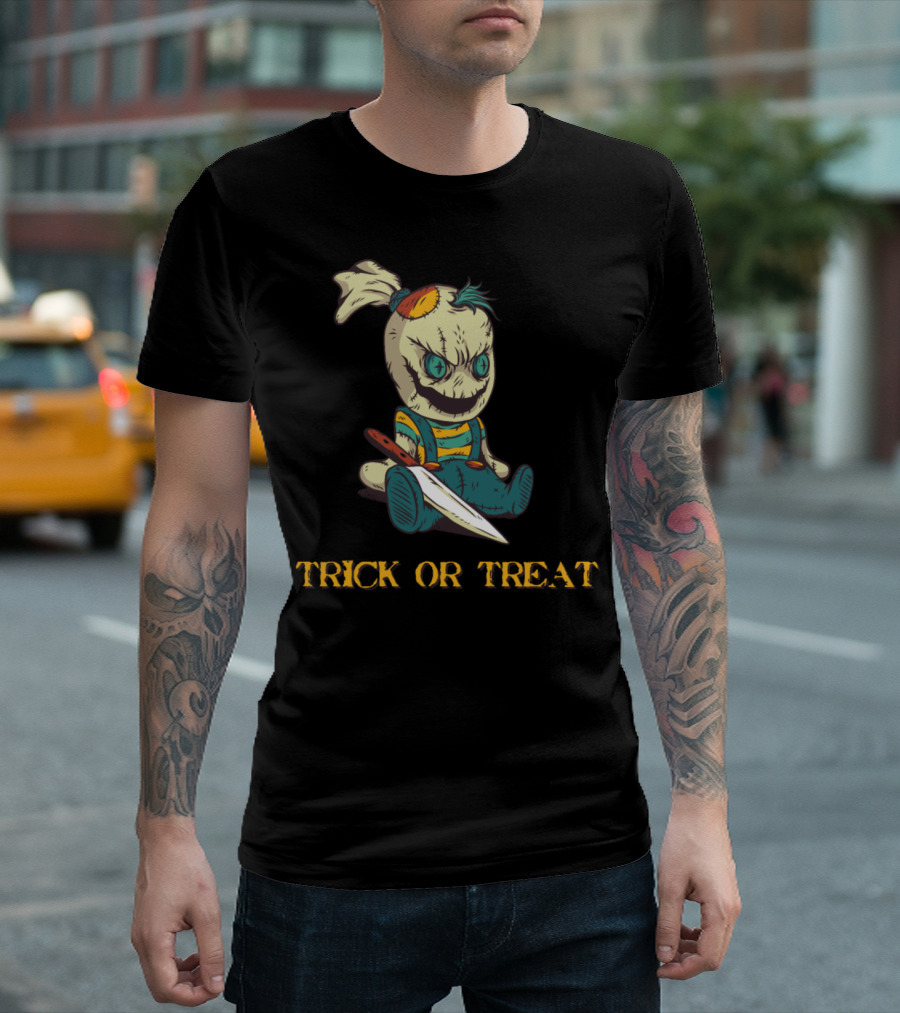 Trick or Treat Halloween Puppet with Knife Scary T-Shirt