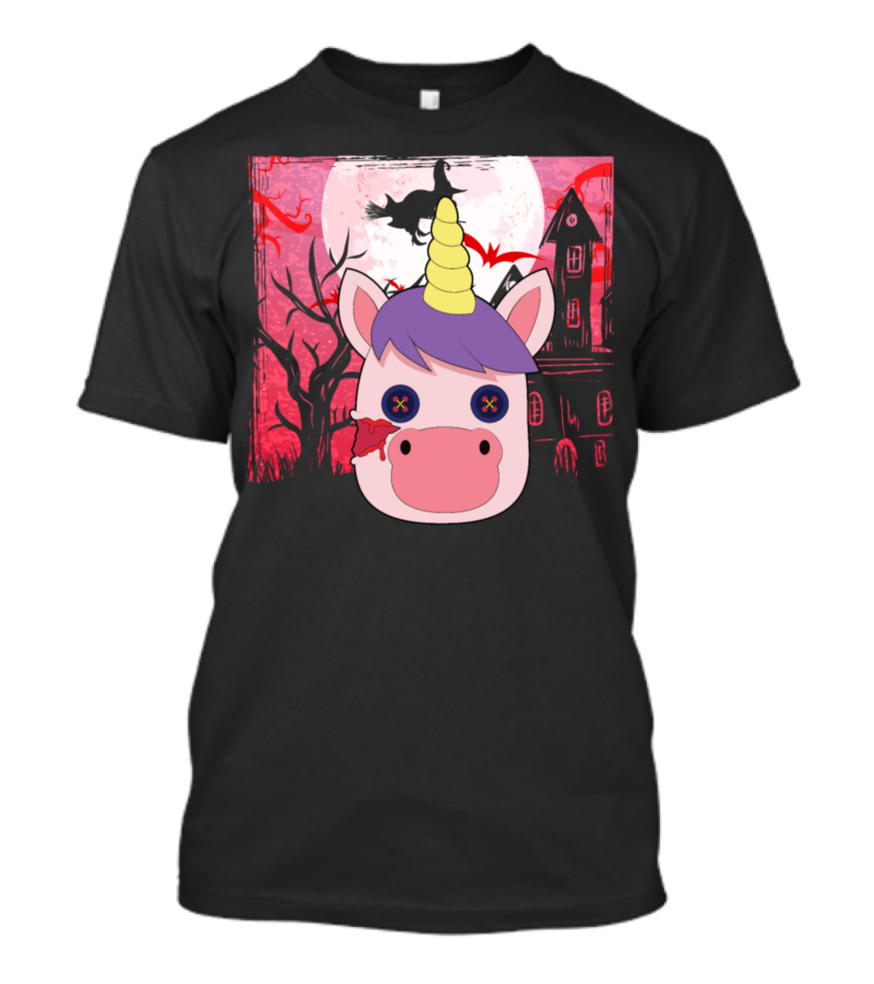 Unicorn Halloween Witch Haunted House Moon T-Shirt