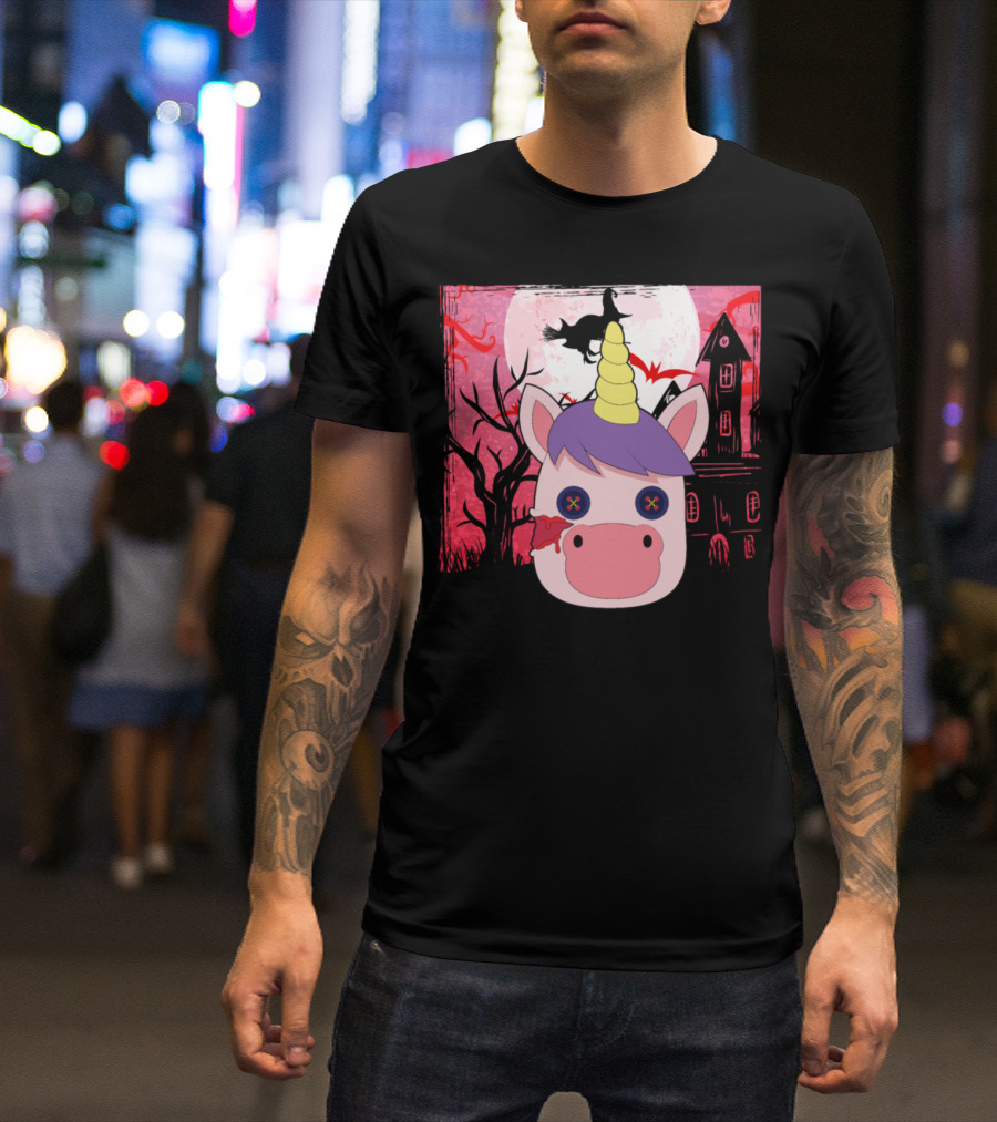 Unicorn Halloween Witch Haunted House Moon T-Shirt