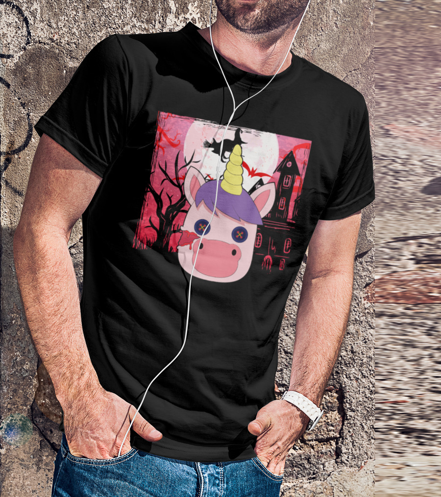Unicorn Halloween Witch Haunted House Moon T-Shirt