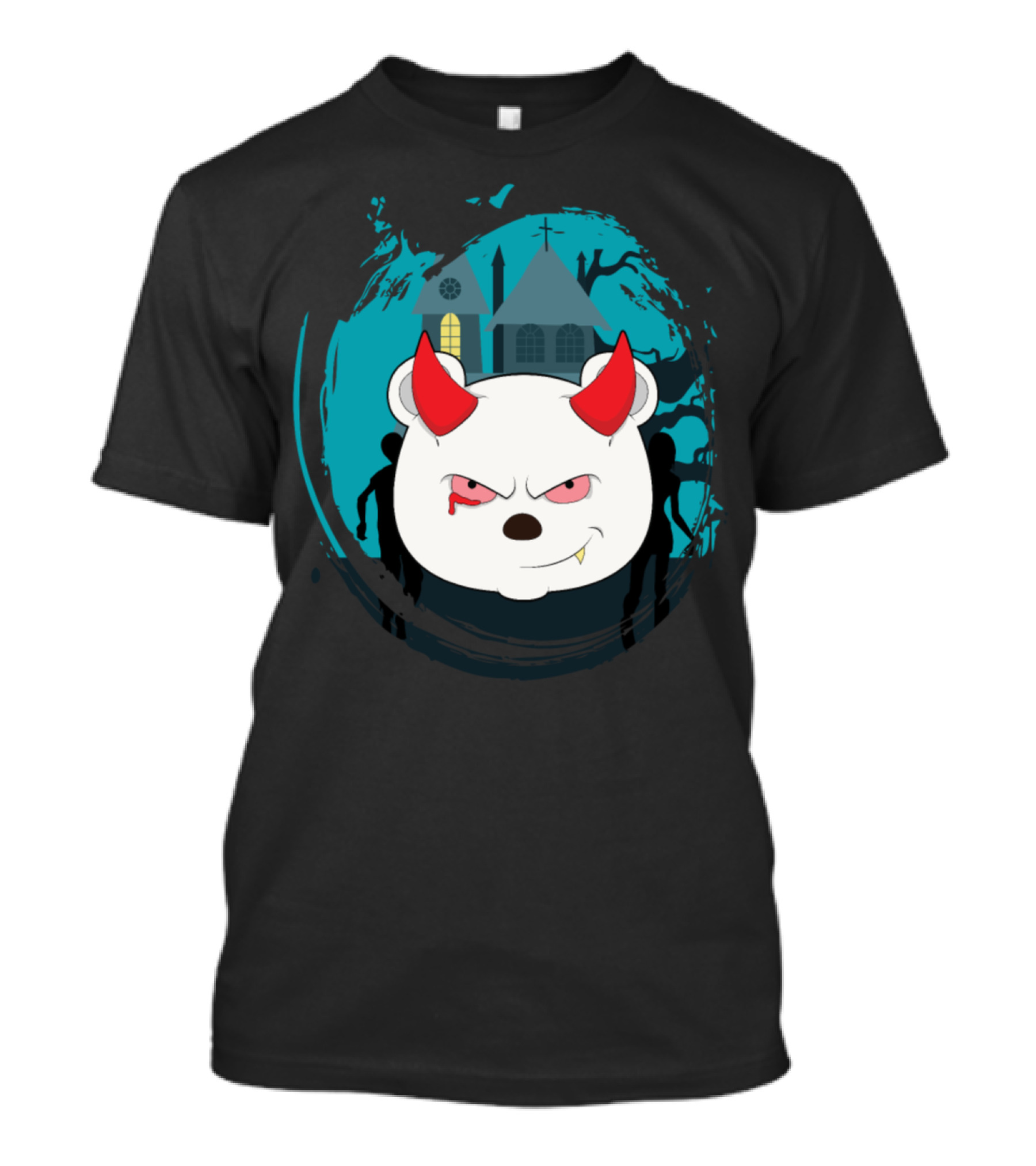Vampire Polar Bear With Haunted House And Red Horns T-Shirt