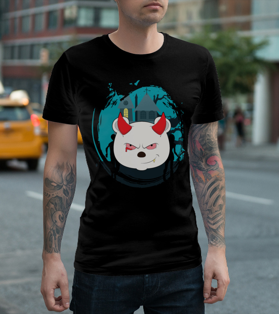 Vampire Polar Bear With Haunted House And Red Horns T-Shirt
