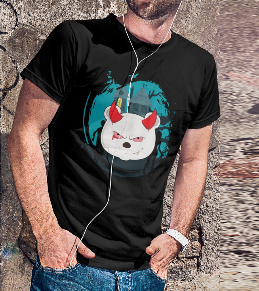 Vampire Polar Bear With Haunted House And Red Horns T-Shirt