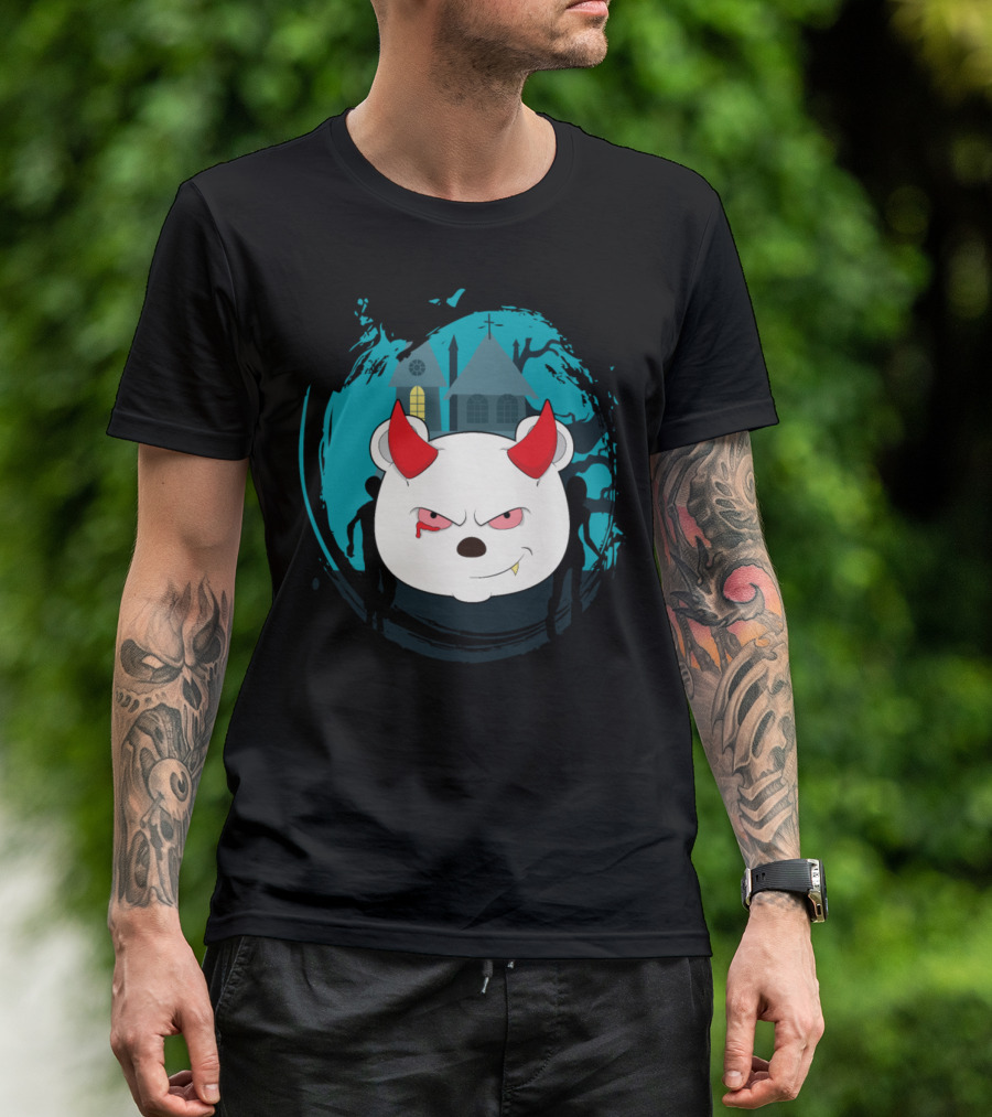 Vampire Polar Bear With Haunted House And Red Horns T-Shirt