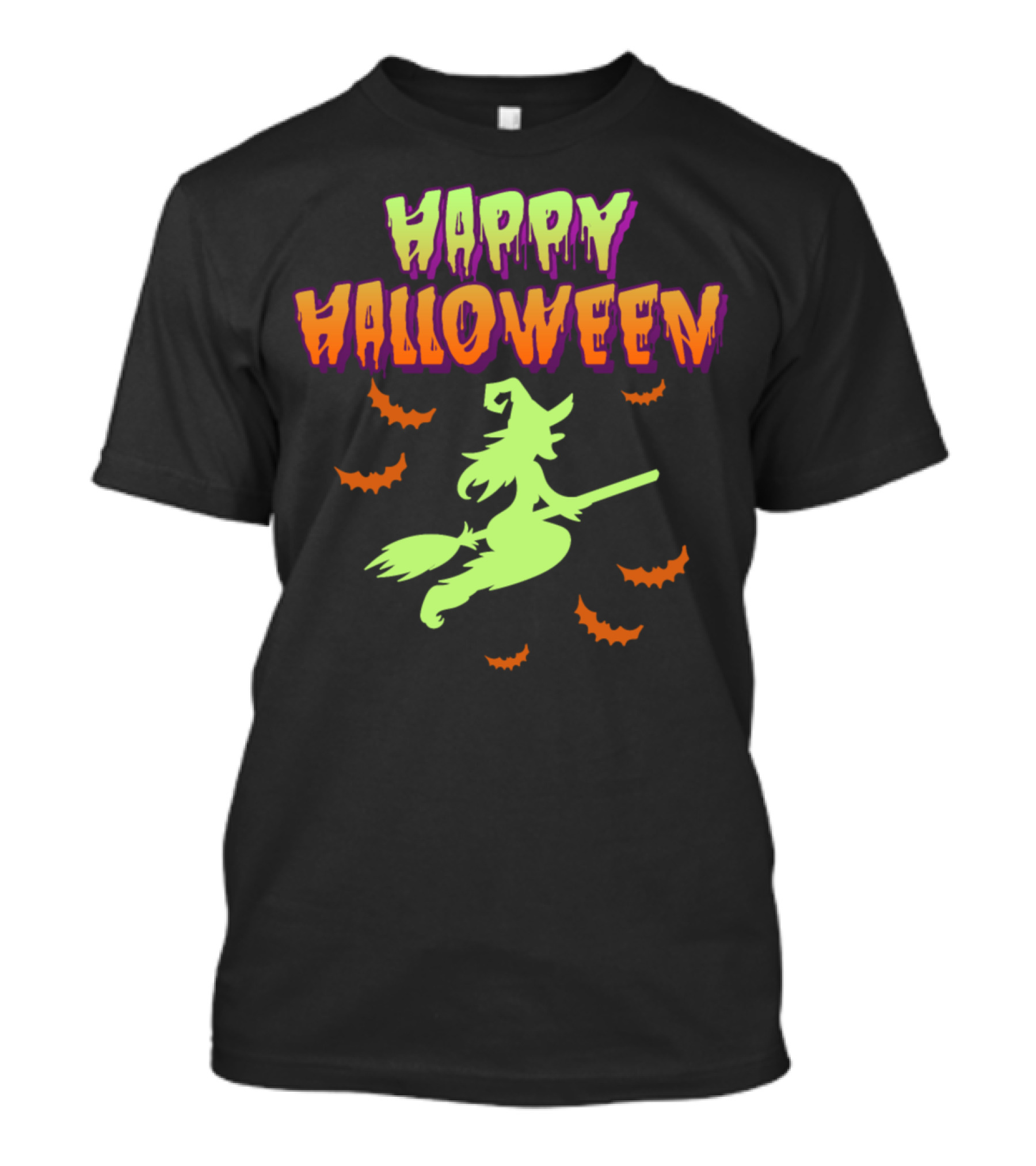 HAPPY HALLOWEEN Witch Flying On Broom With Bats T-Shirt