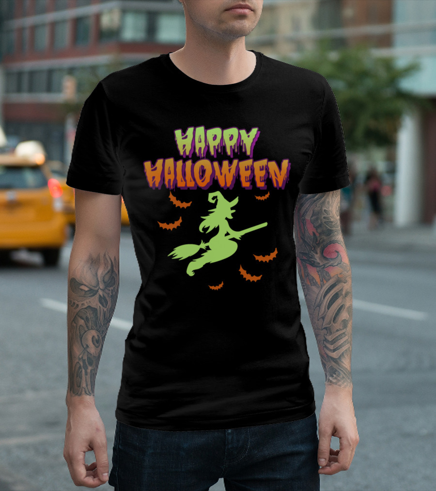 HAPPY HALLOWEEN Witch Flying On Broom With Bats T-Shirt