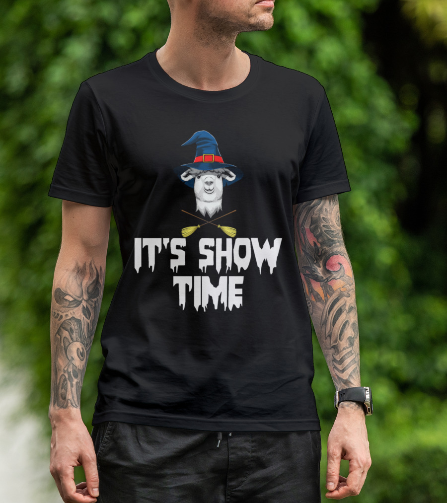Witch Llama It's Show Time Wizard Hat Broomsticks T-Shirt