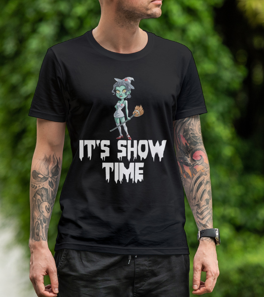 Witch Nurse It's Show Time Halloween Broomstick Nurse Character T-Shirt