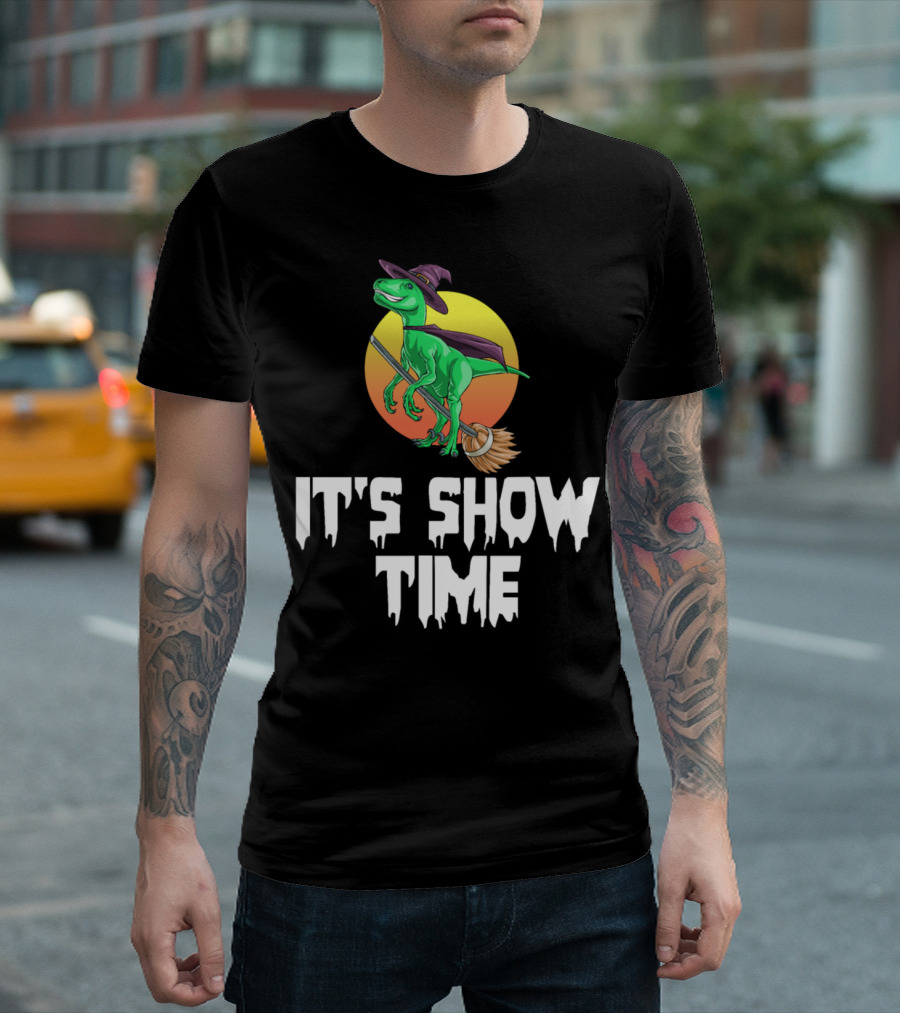Witch Raptor It's Show Time On Broomstick With Cape And Hat T-Shirt