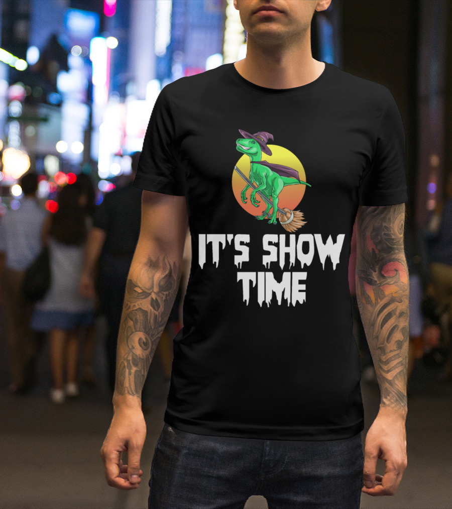 Witch Raptor It's Show Time On Broomstick With Cape And Hat T-Shirt