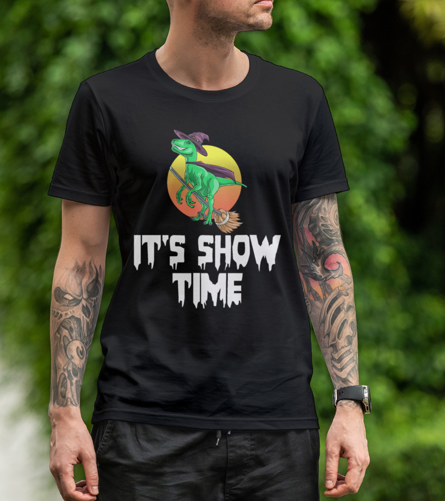 Witch Raptor It's Show Time On Broomstick With Cape And Hat T-Shirt