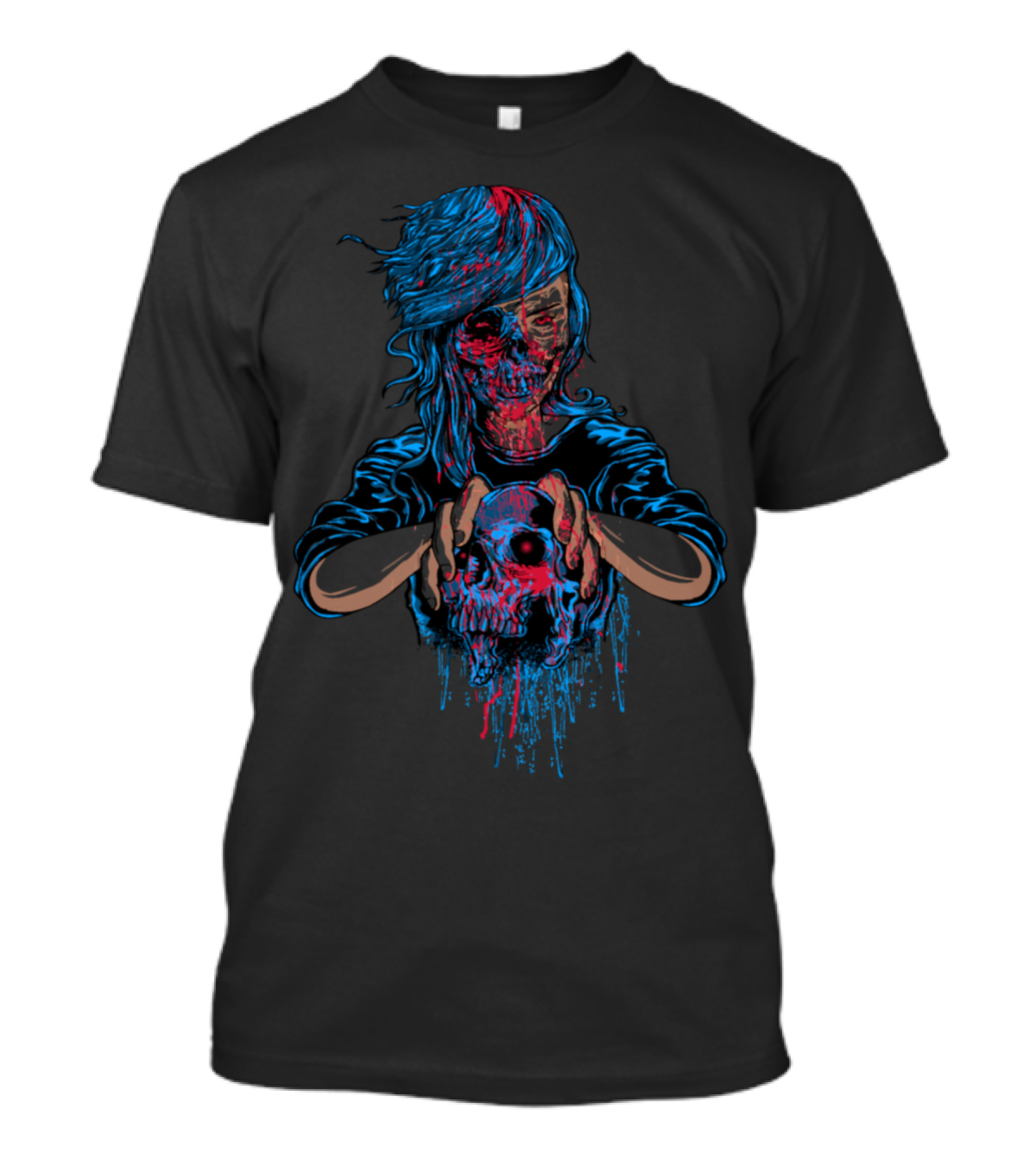 Zombie Skull Holder With Blue And Red Splatter T-Shirt