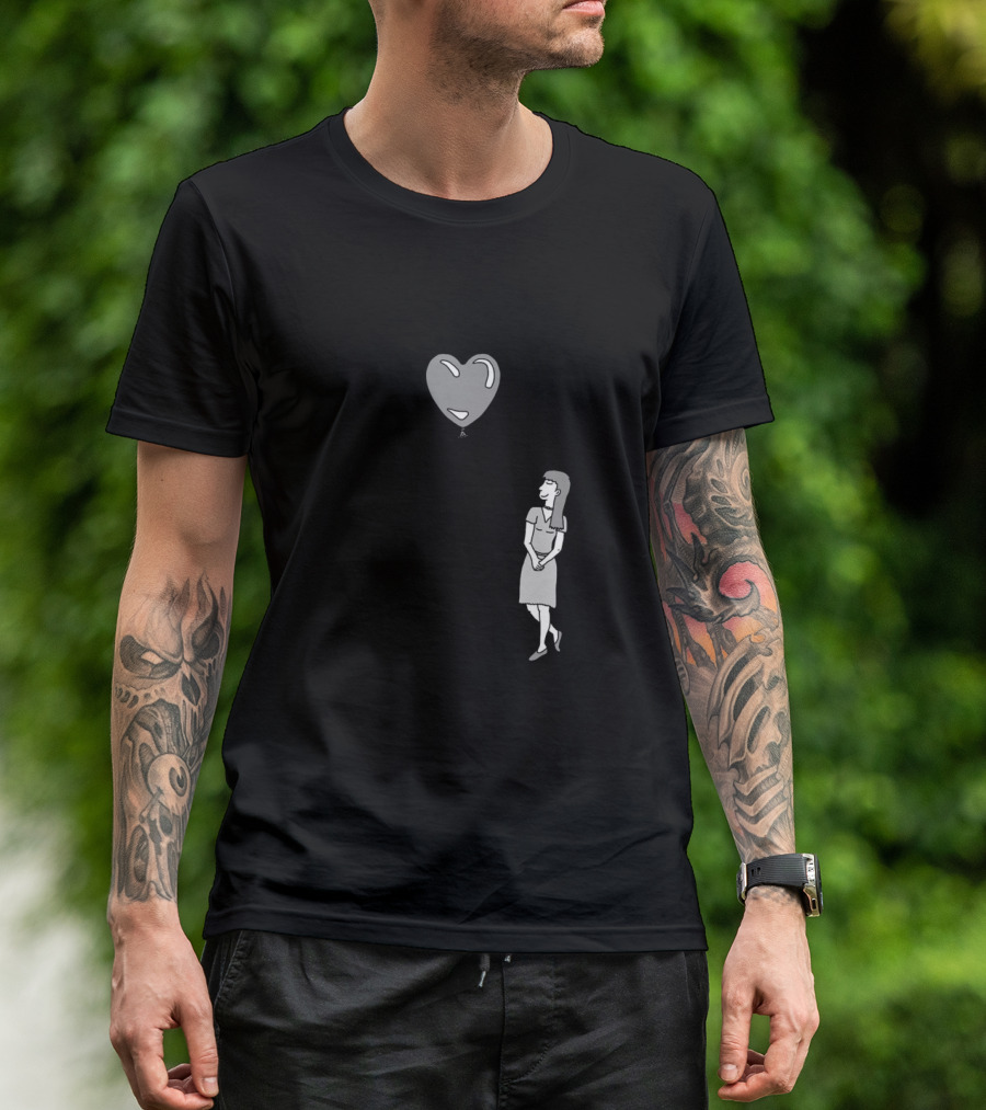 Love Heart Balloon With Woman Looking Up Matching Couples T-Shirt