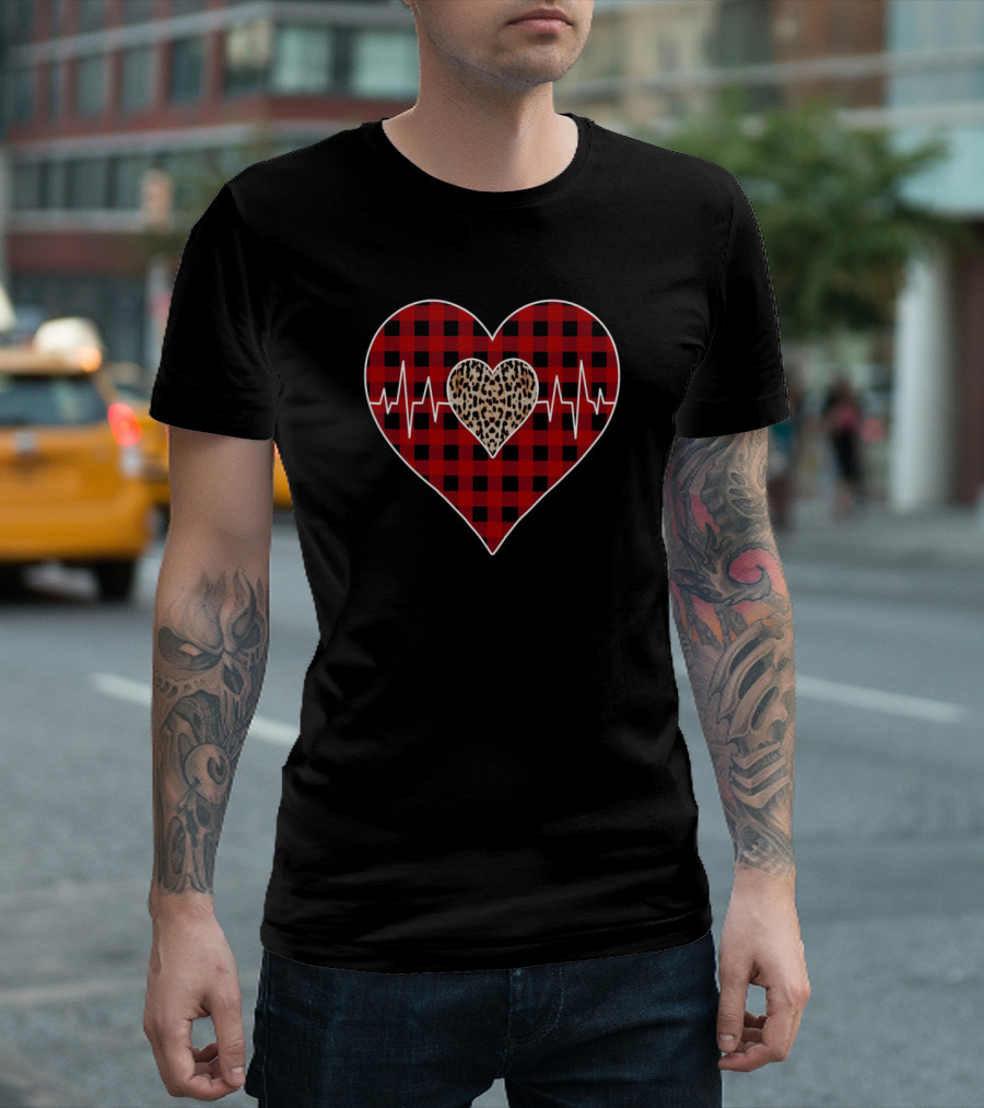 Heartbeat Plaid Red Heart Leopard Center T-Shirt