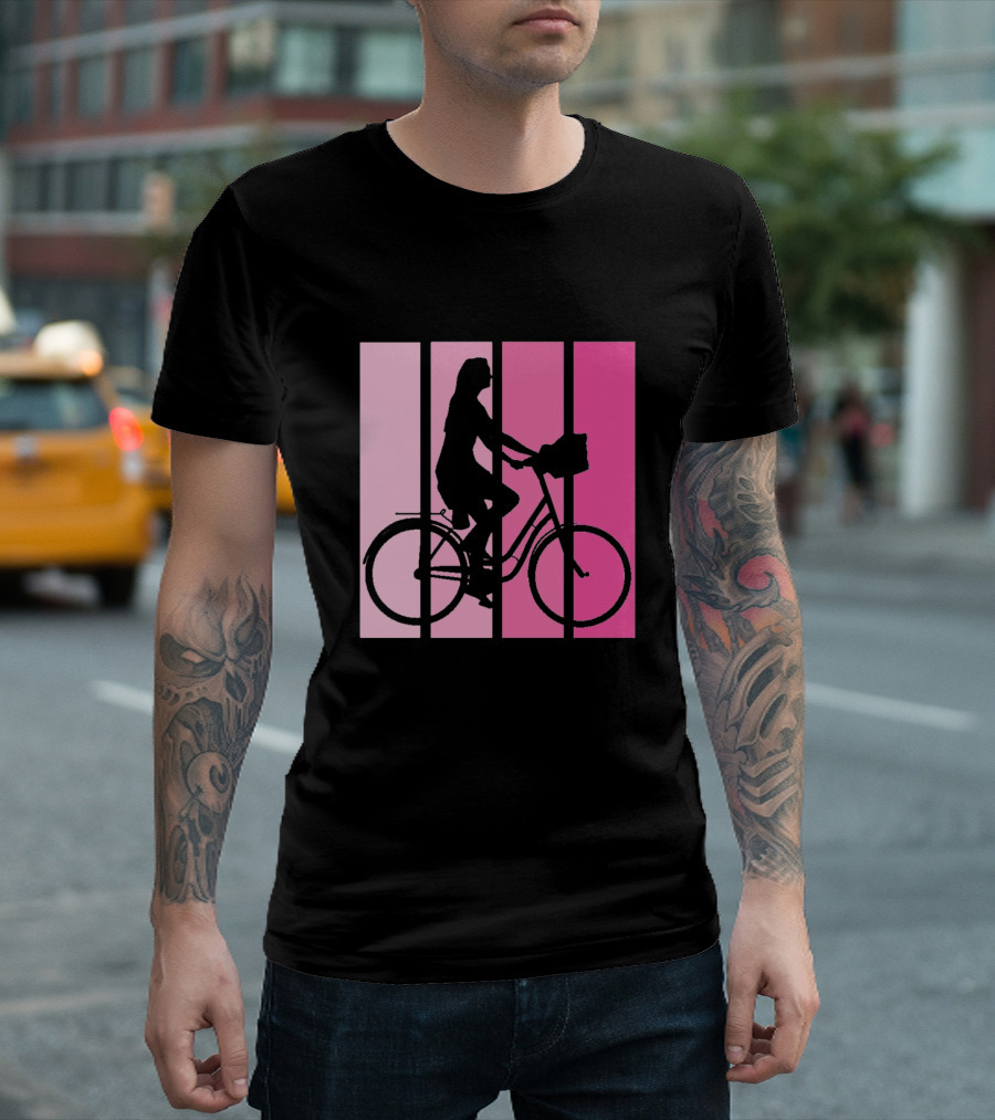 Women's Bicycle Silhouette on Pink Stripes T-Shirt