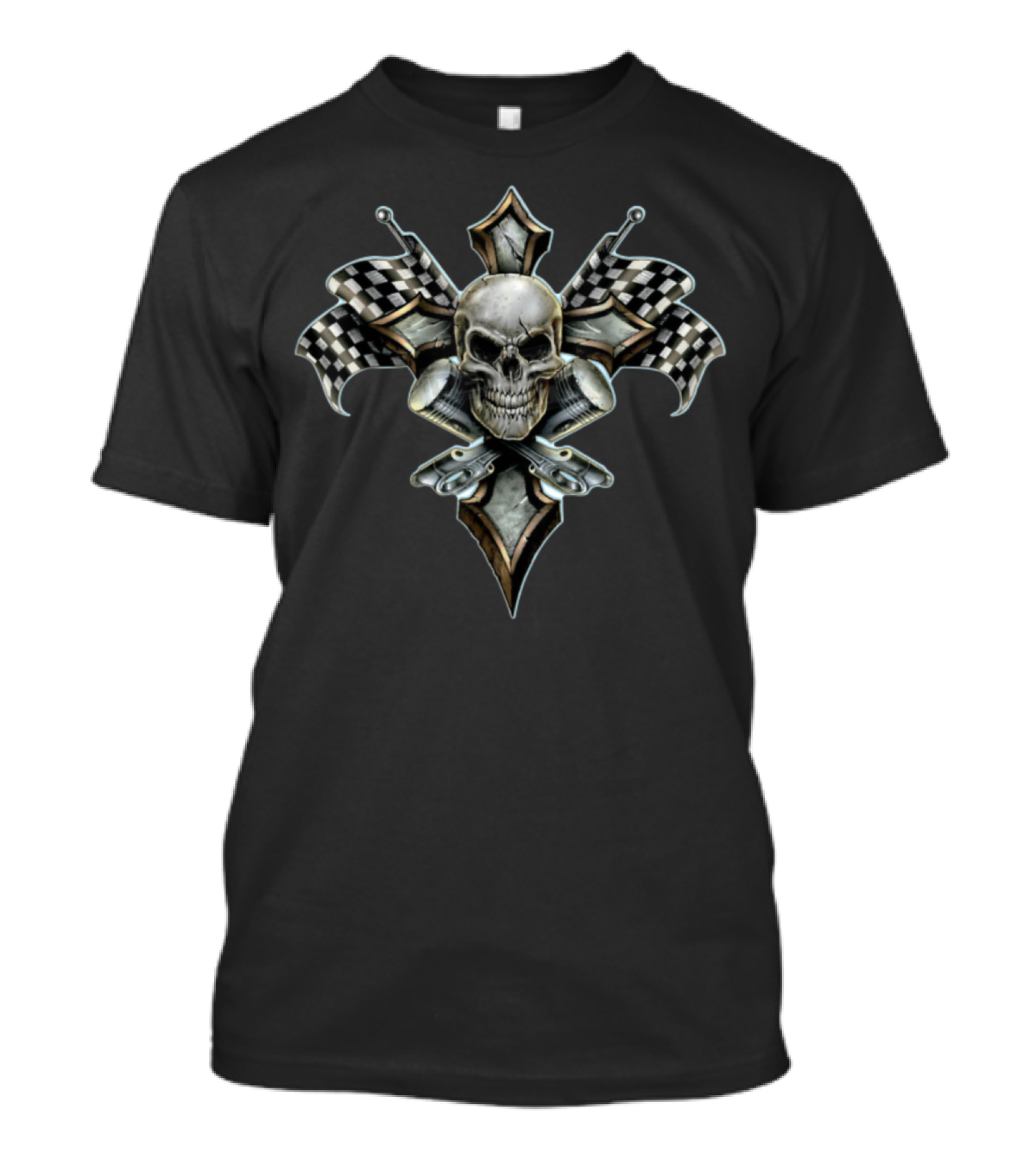 Skull And Cross Pistons With Checkered Flags Wild Biker T-Shirt