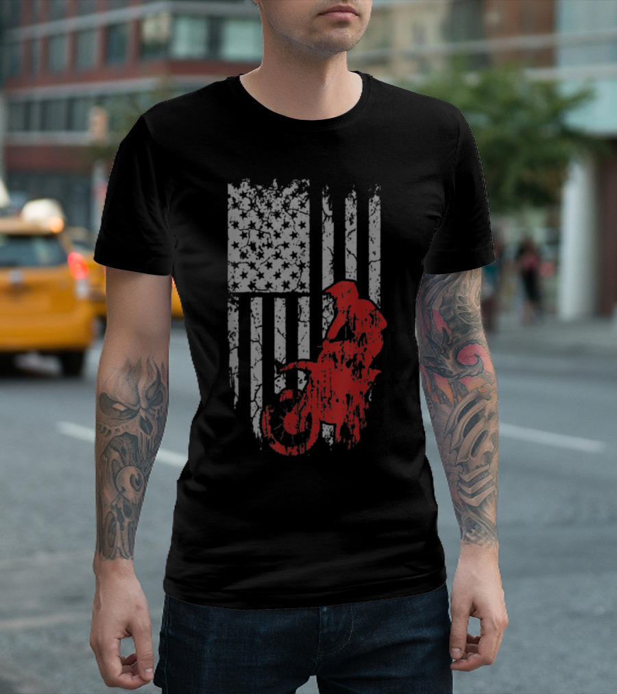 American Flag with Red Dirt Bike Silhouette for Awesome Biker T-Shirt