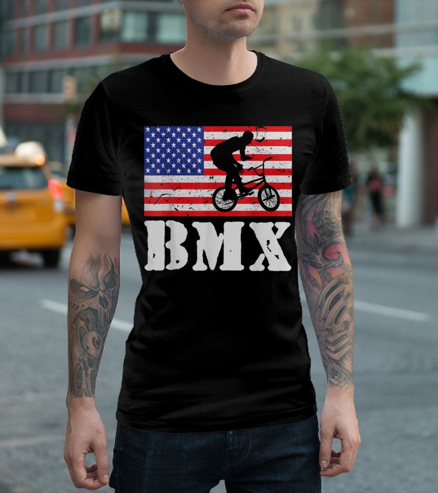 Distressed USA American Flag BMX Riding T-Shirt
