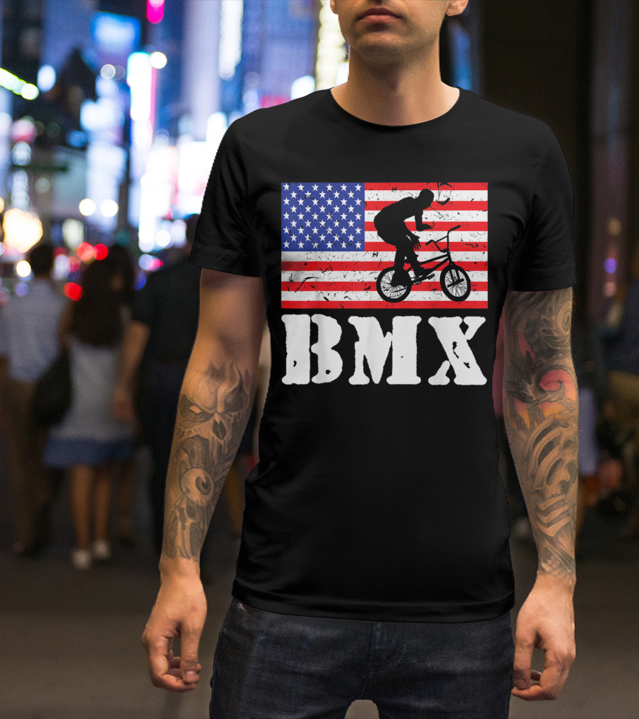 Distressed USA American Flag BMX Riding T-Shirt
