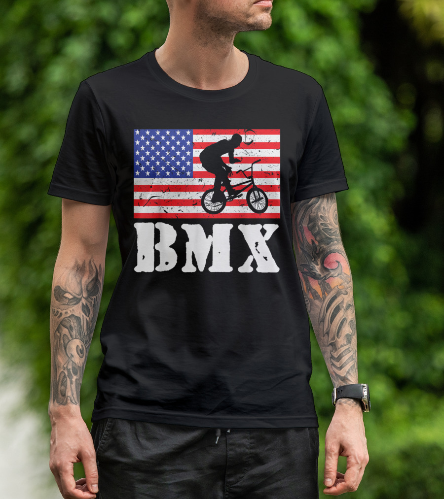 Distressed USA American Flag BMX Riding T-Shirt