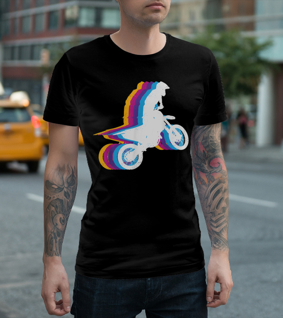 Distressed Vintage Motocross Motorcyclist Silhouette with Rainbow Trail T-Shirt