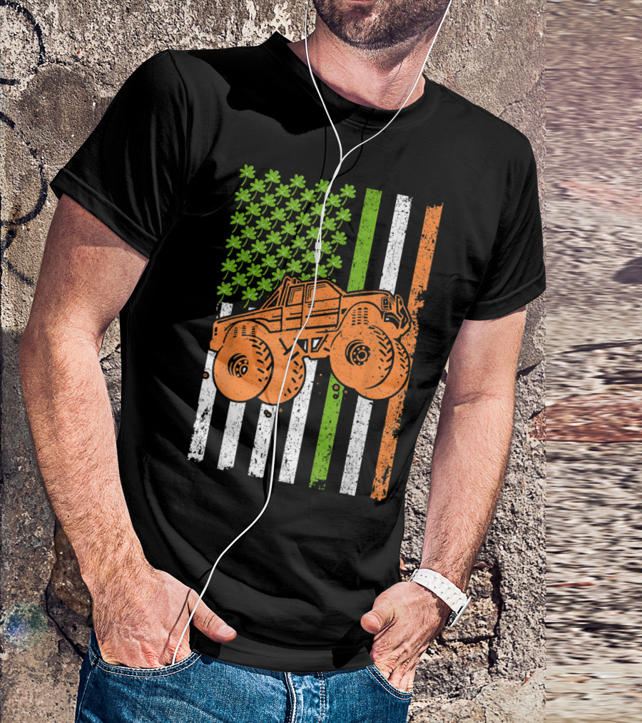 Monster Truck Shamrock Stripes Irish American Flag St Patrick's T-Shirt
