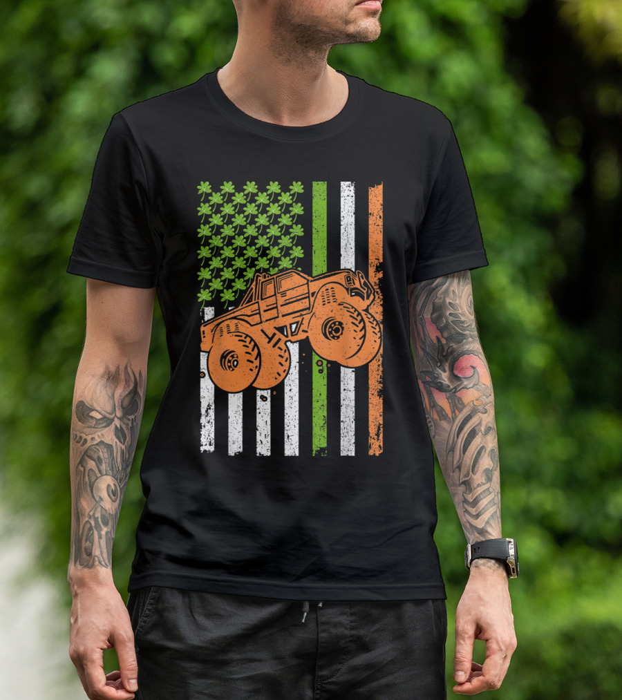 Monster Truck Shamrock Stripes Irish American Flag St Patrick's T-Shirt