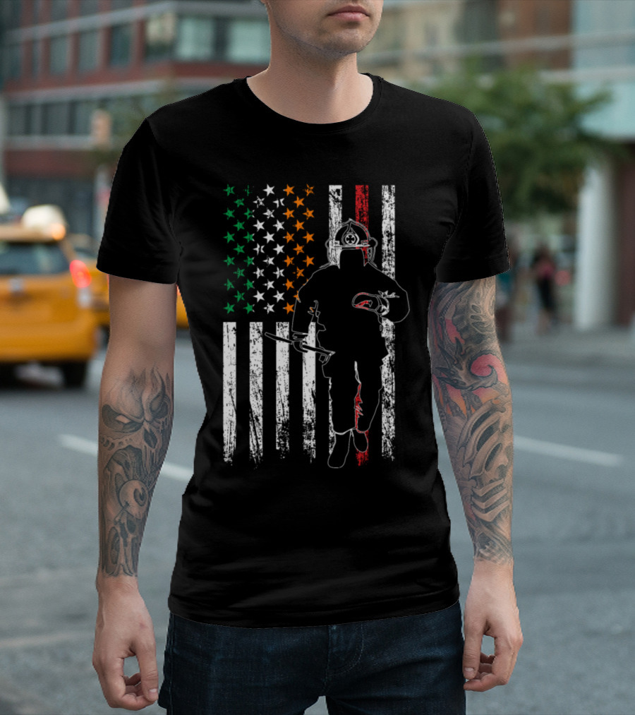 Firefighter American Flag Irish Colors St. Patrick's Day T-Shirt