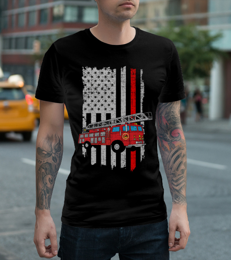 Fireman Firefighter Thin Red Line Flag Fire Truck American Pride T-Shirt