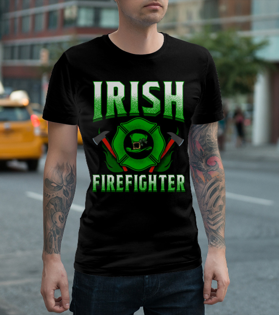 Irish Firefighter Shamrock Hat Axes Emblem T-Shirt