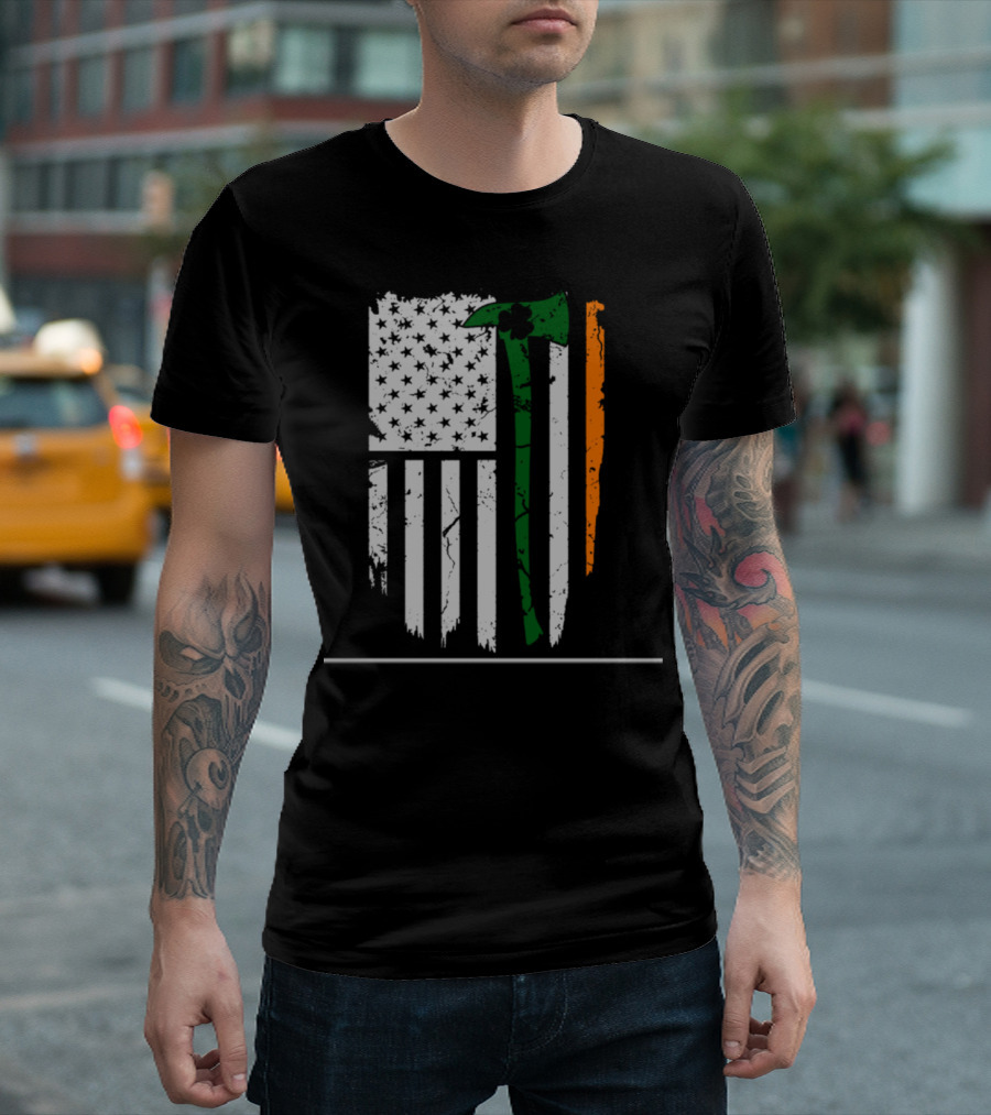 St. Patrick's Day Irish American Flag Firefighter Axe T-Shirt