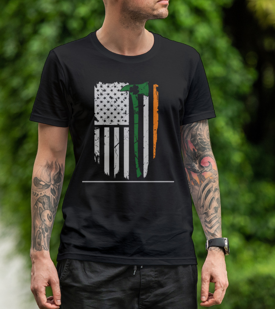 St. Patrick's Day Irish American Flag Firefighter Axe T-Shirt