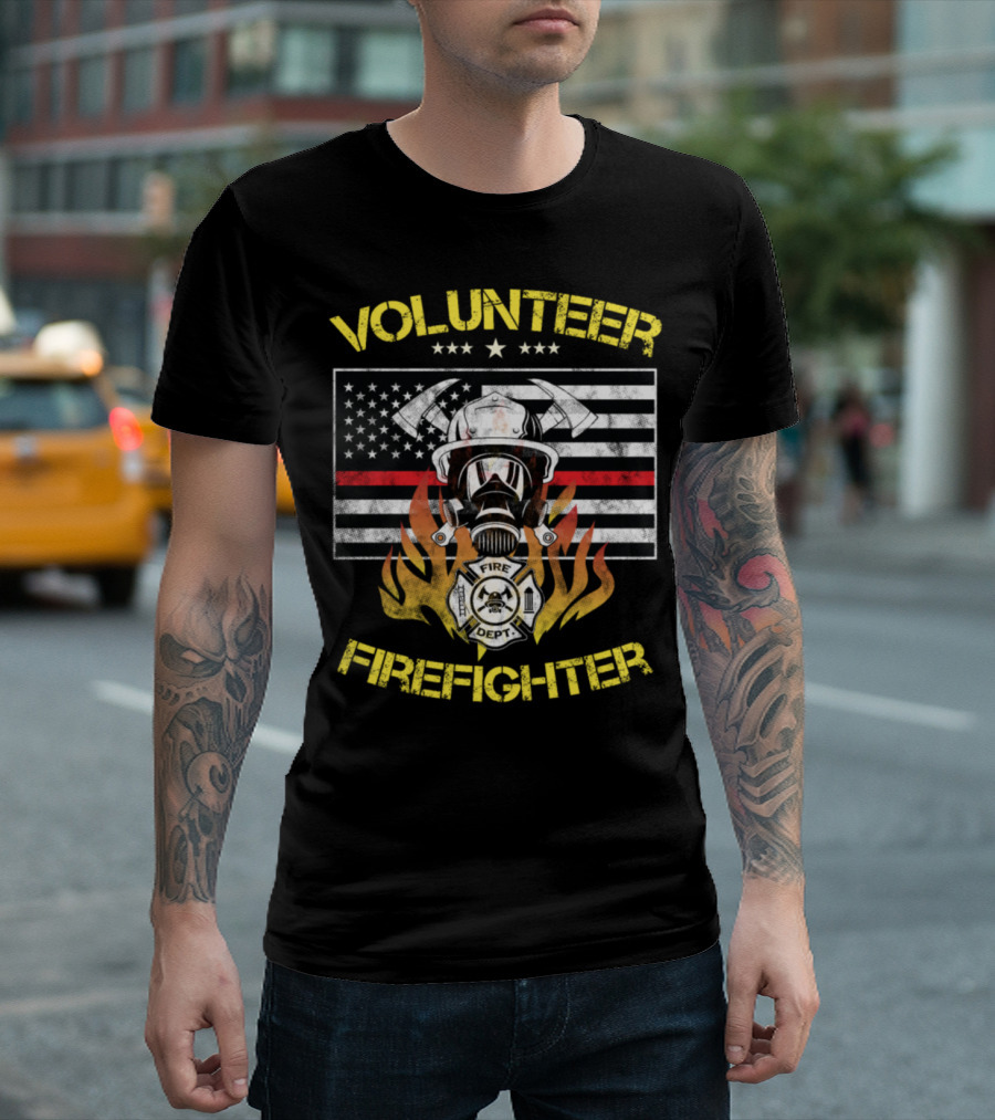 Volunteer Firefighter Hero Fireman Mask Thin Red Line American Flag Fire Dept T-Shirt