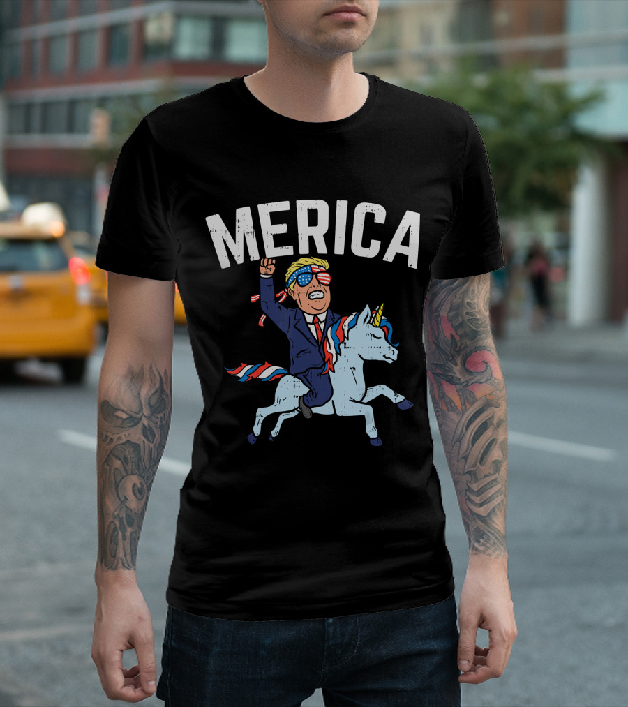 Merica Trump Riding Unicorn Funny Reelect Vote T-Shirt