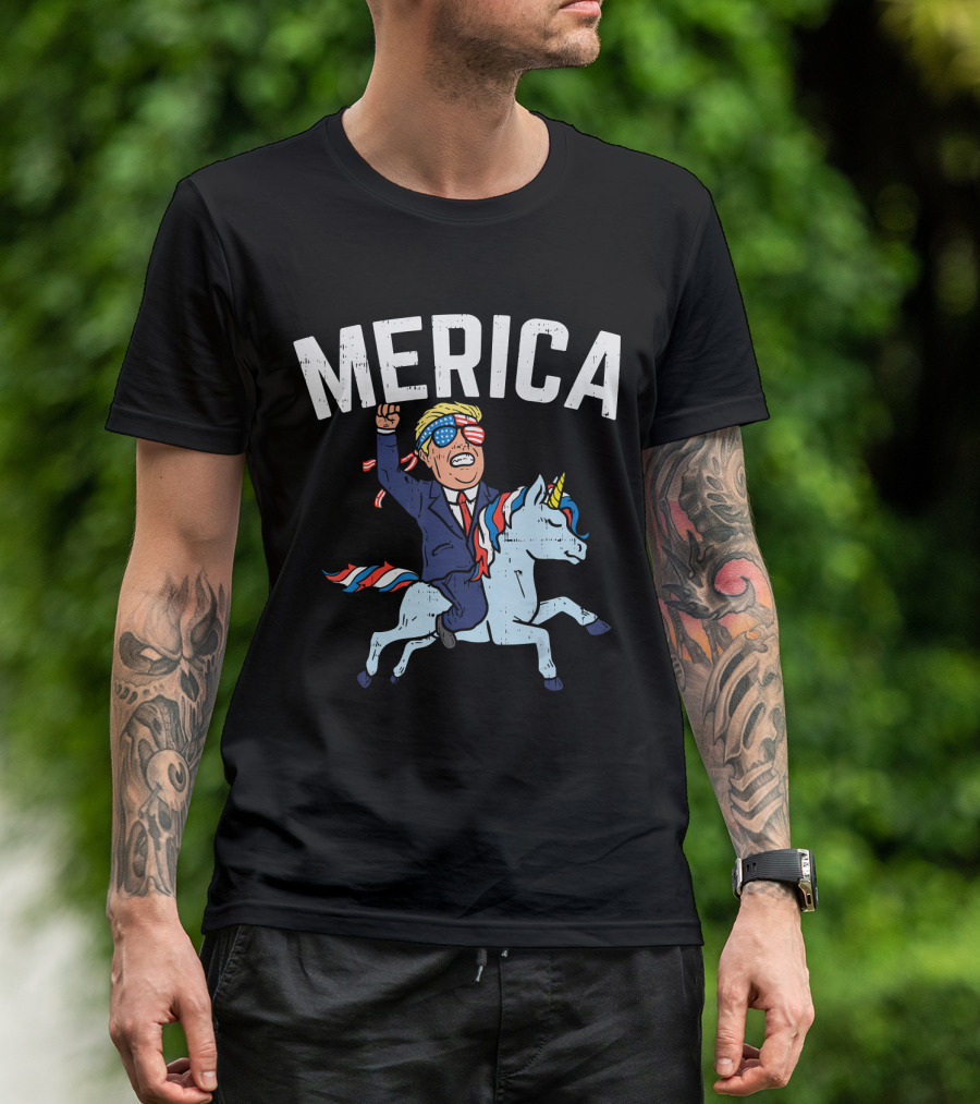 Merica Trump Riding Unicorn Funny Reelect Vote T-Shirt