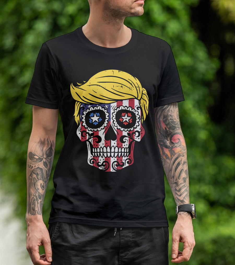 Trump Sugar Skull USA Flag Reelect Pro Vote T-Shirt