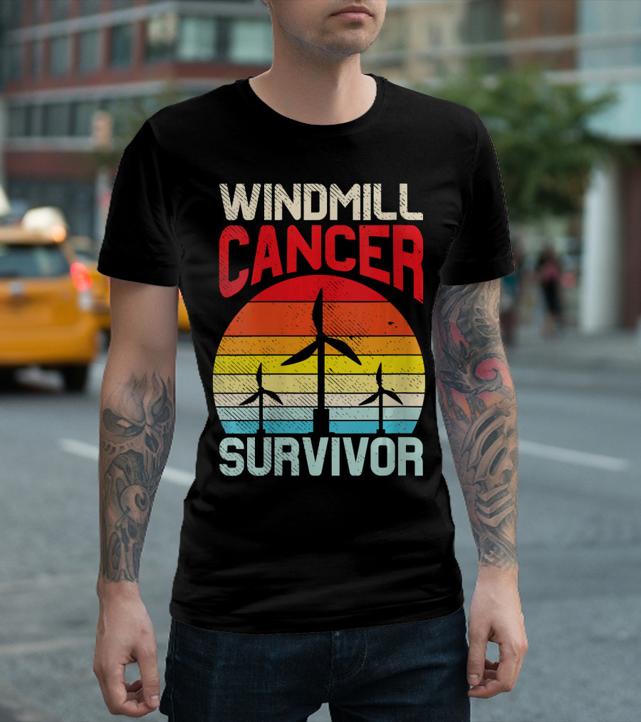 Windmill Cancer Survivor Sunset Retro Stripes T-Shirt