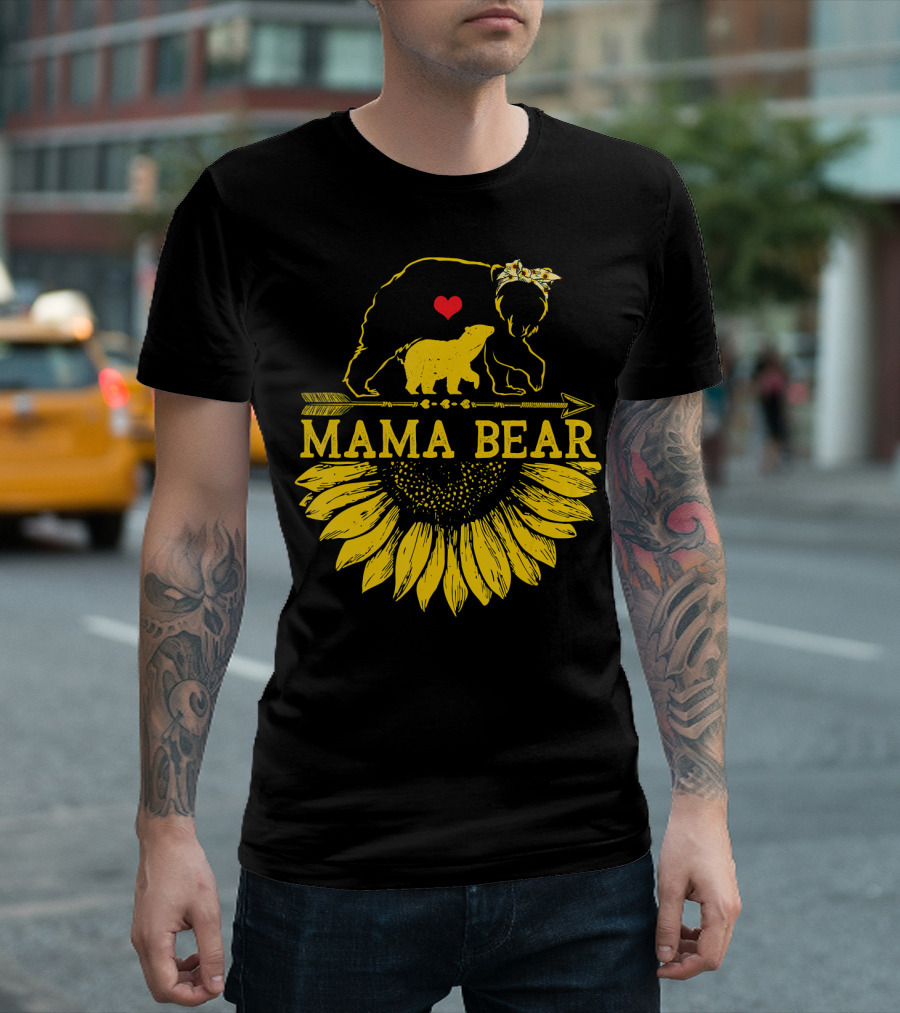 Mama Bear Sunflower With Yellow Bow And Heart Over Arrow T-Shirt