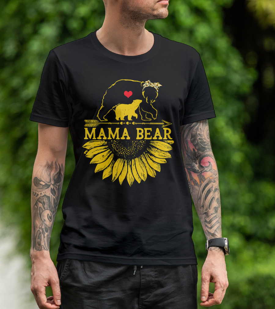 Mama Bear Sunflower With Yellow Bow And Heart Over Arrow T-Shirt