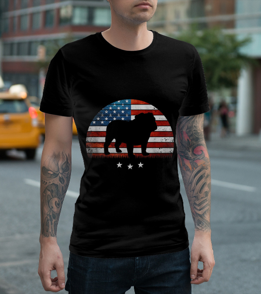4th Of July Patriotic English Bulldog Silhouette American Flag Stars T-Shirt