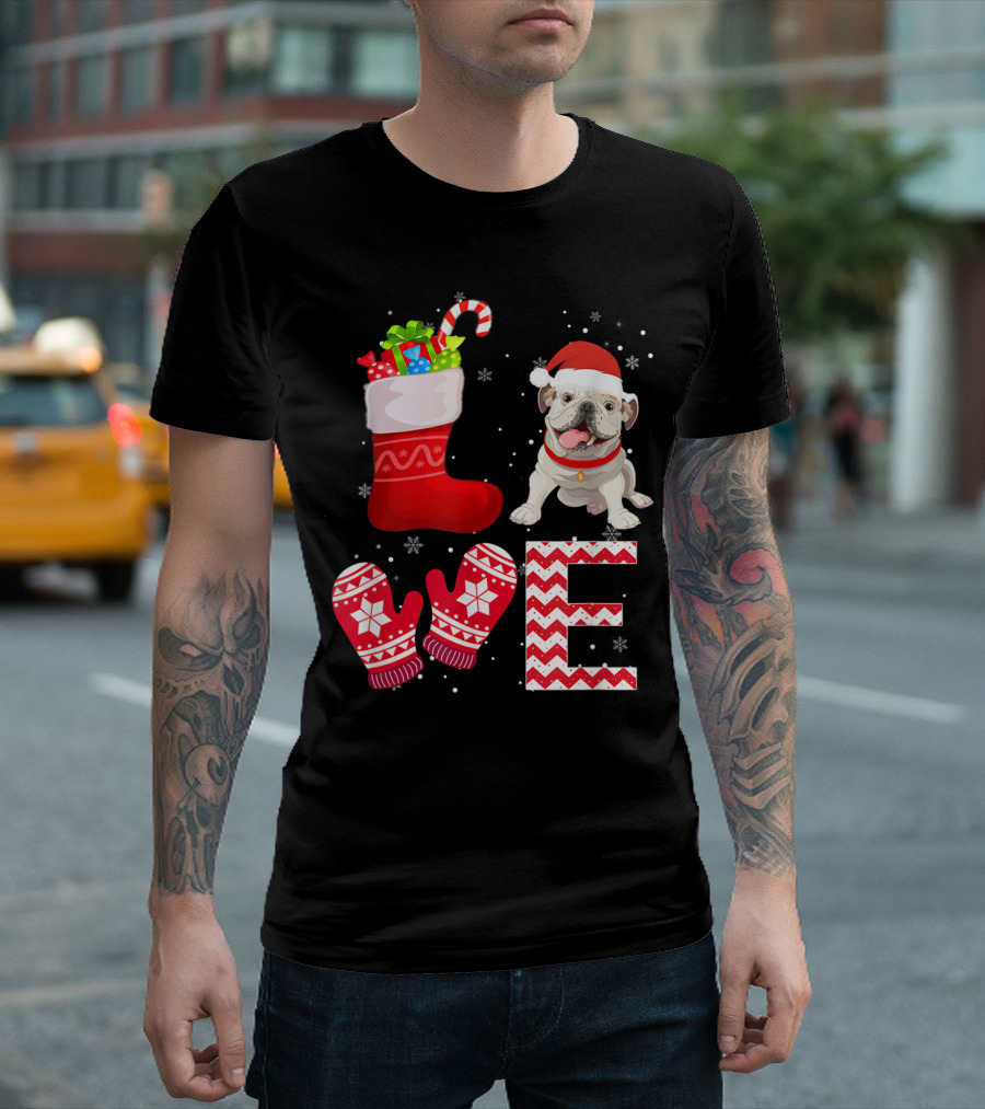 Christmas English Bulldog Lover Santa Hat Stocking Mittens Snowflakes T-Shirt