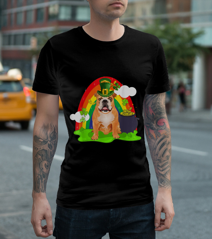 English Bulldog with Leprechaun Hat and Rainbow Luck T-Shirt