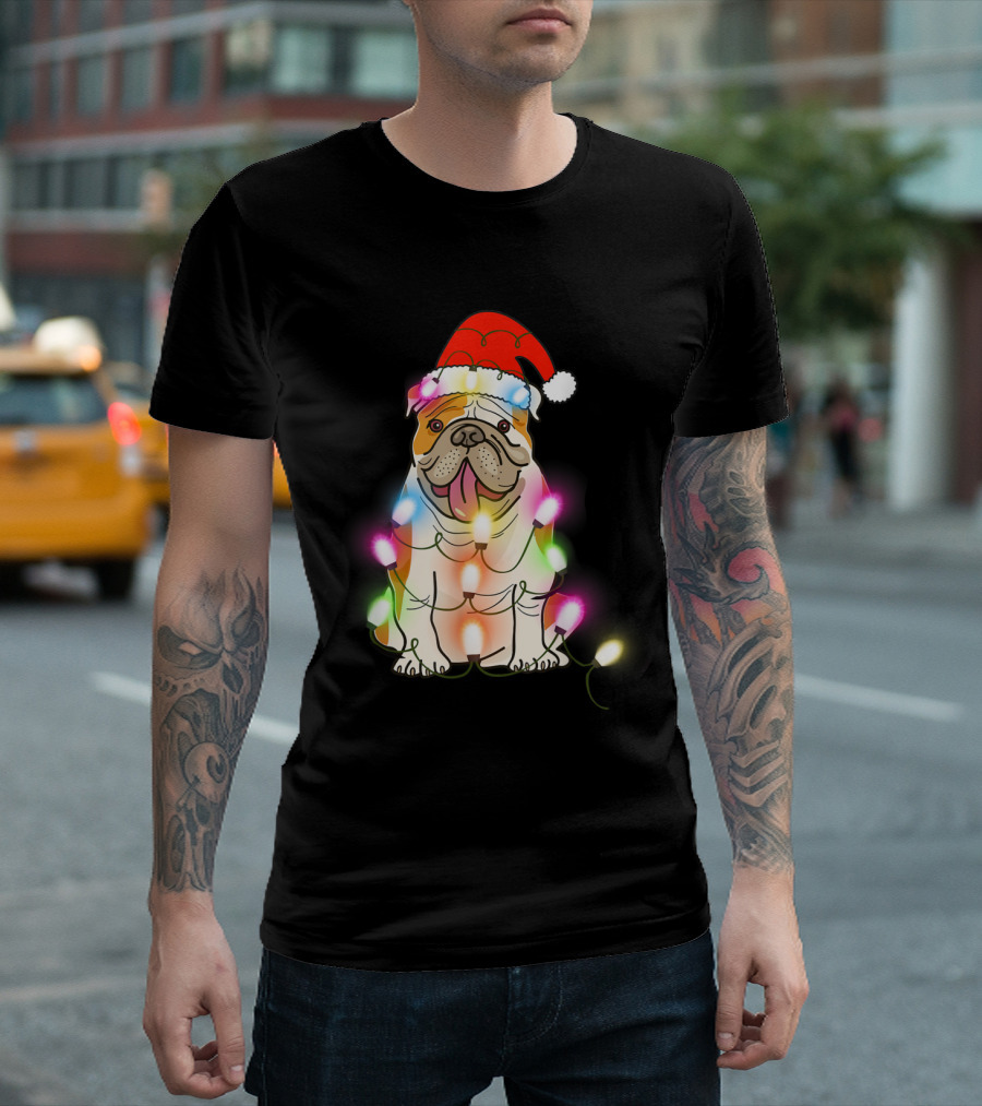 English Bulldog in Santa Hat Wrapped in Colorful Christmas Lights T-Shirt