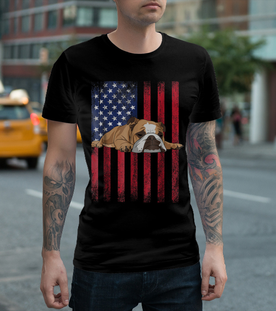 English Bulldog with American Flag T-Shirt