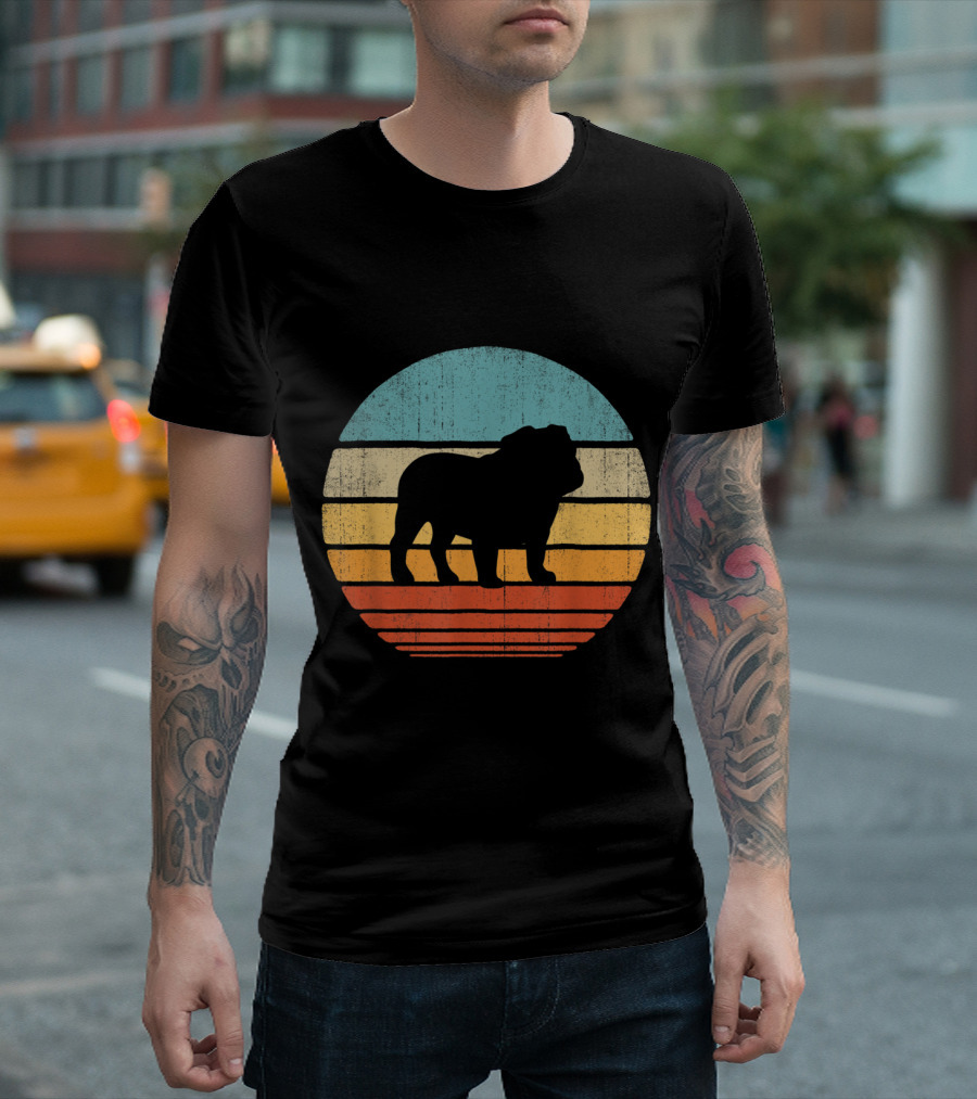 English Bulldog Retro 60s 70s Circle Vintage Stripes T-Shirt